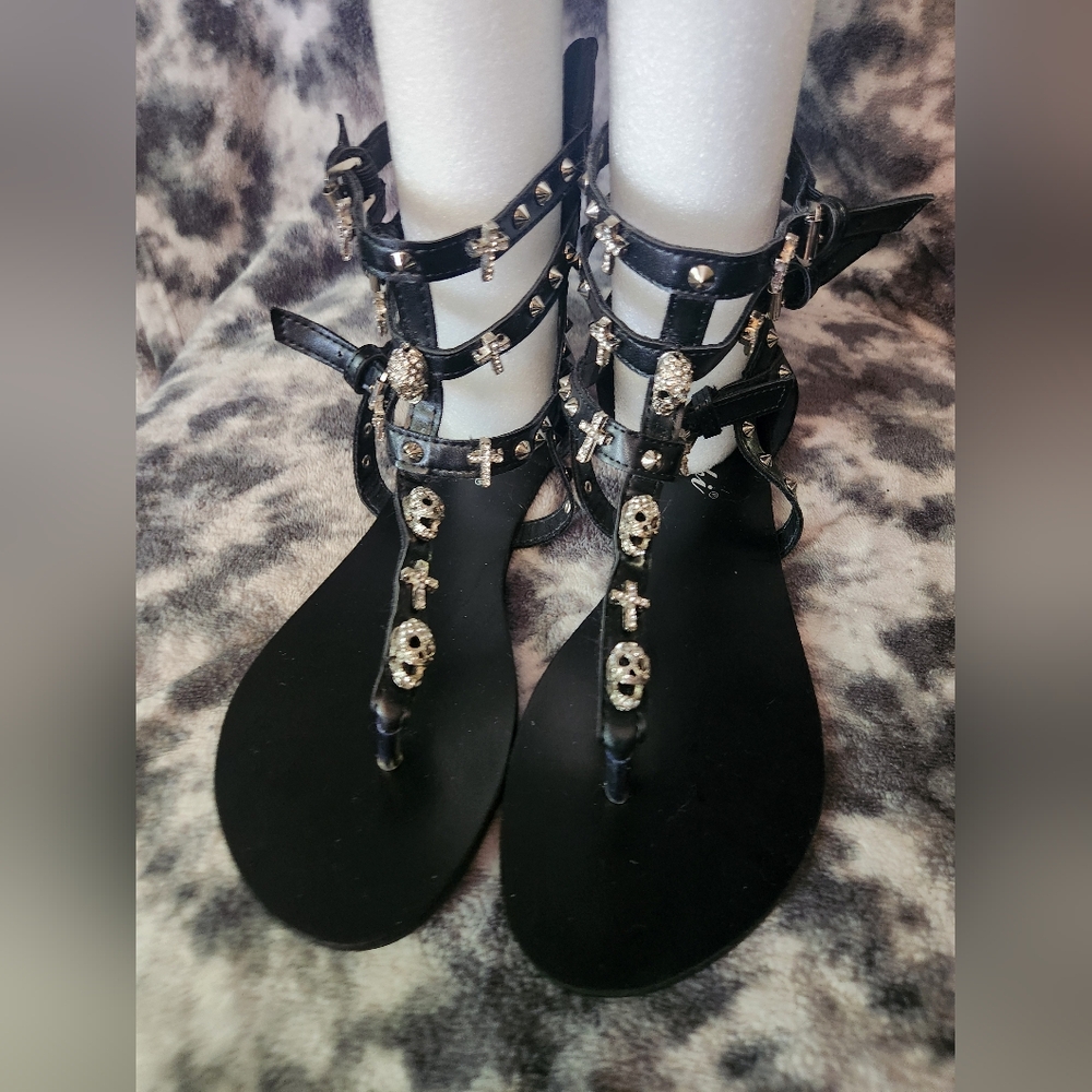 New Gothic Black Skull Embellished Sandals
